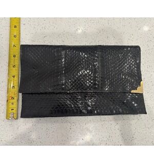 Vintage Black Snakeskin Leather Clutch Bag Gold Tone Hardware Exotic Suede Lined
